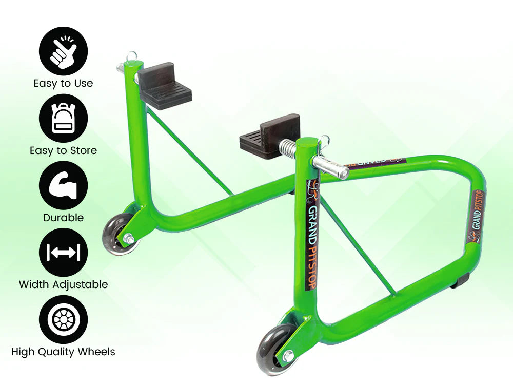 Non-Dismantlable Rear Paddock Stand With Skate Wheels (upto 350 kg) - Green