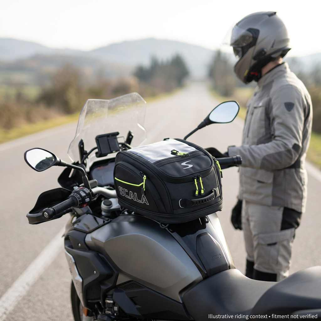 AI illustration of a SCALA tank bag on a parked motorcycle beside a helmeted rider; fitment unverified.